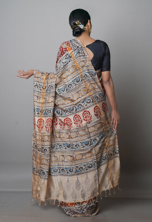 Multi Pure  Kalamkari Block Printed Silk Saree-UNM69549