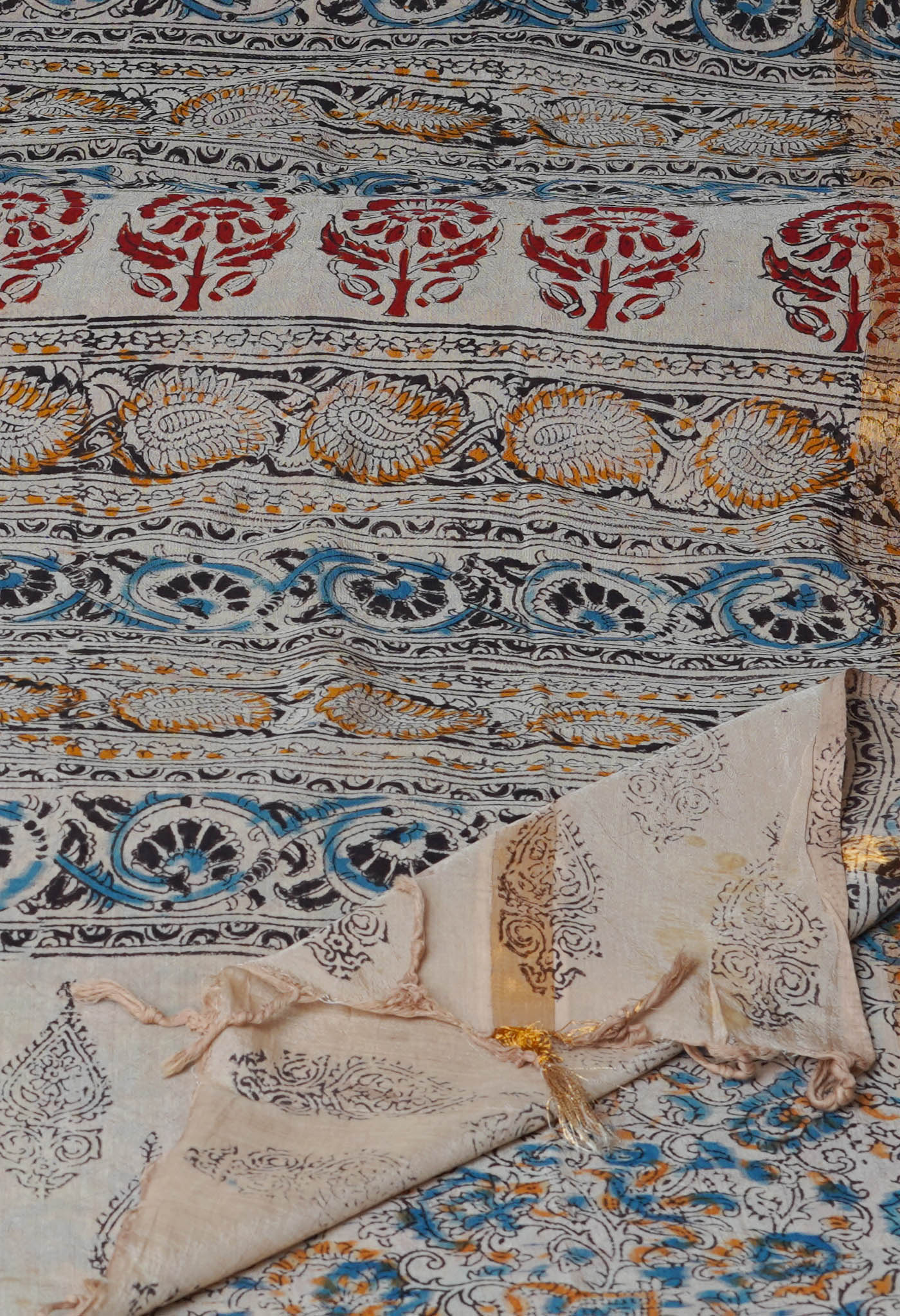 Multi Pure  Kalamkari Block Printed Silk Saree-UNM69549