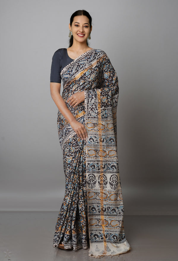 Multi Pure  Kalamkari Block Printed Silk Saree-UNM69550