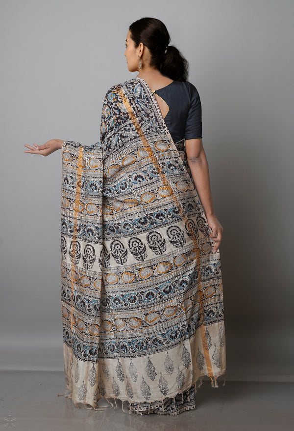Multi Pure  Kalamkari Block Printed Silk Saree-UNM69550