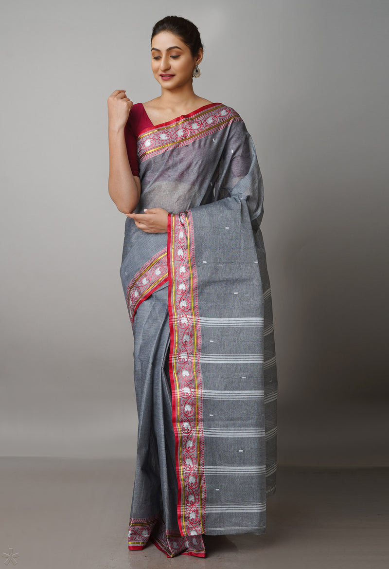 Grey Pure  Handloom Superfine Bengal Cotton Saree-UNM69553
