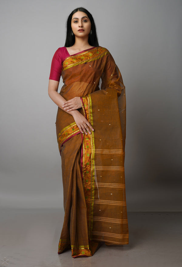 Chocolate Brown Pure  Handloom Superfine Bengal Cotton Saree-UNM69554