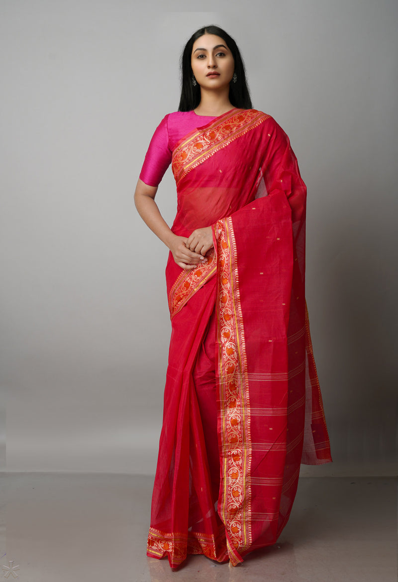 Cherry Red Pure  Handloom Superfine Bengal Cotton Saree-UNM69558