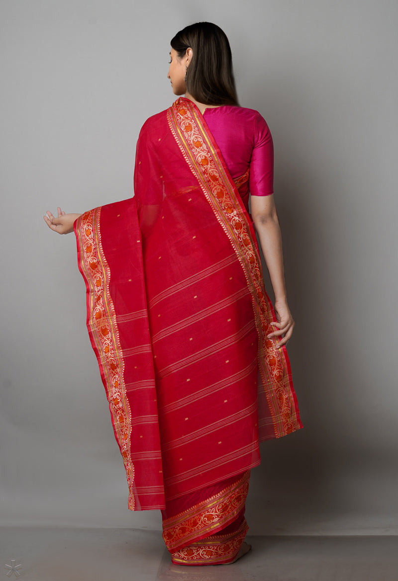 Cherry Red Pure  Handloom Superfine Bengal Cotton Saree-UNM69558