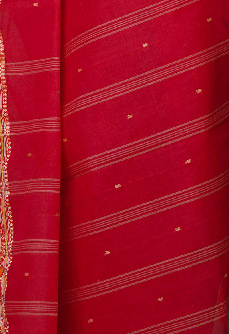 Cherry Red Pure  Handloom Superfine Bengal Cotton Saree-UNM69558