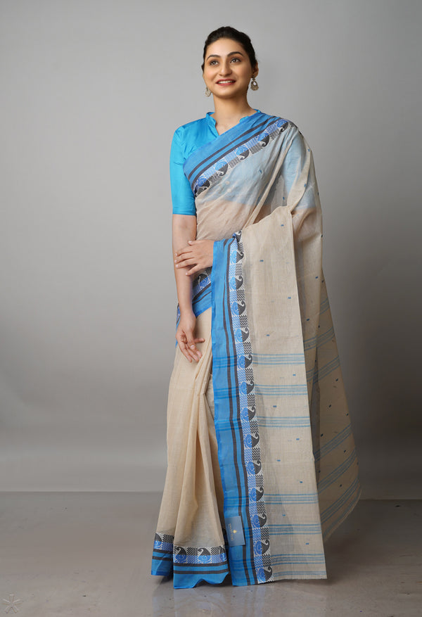Cream Pure  Handloom Superfine Bengal Cotton Saree-UNM69565