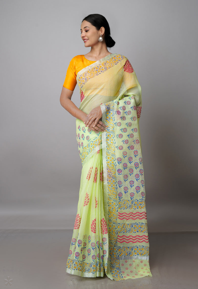 Pista Green Pure  Block Printed Kota Cotton Saree-UNM69854