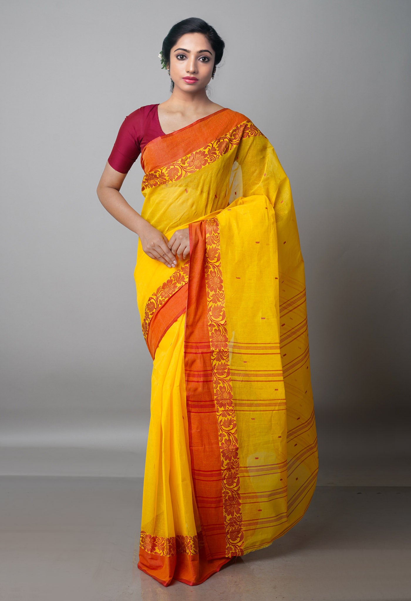 Yellow Pure Handloom Superfine Bengal Cotton Saree