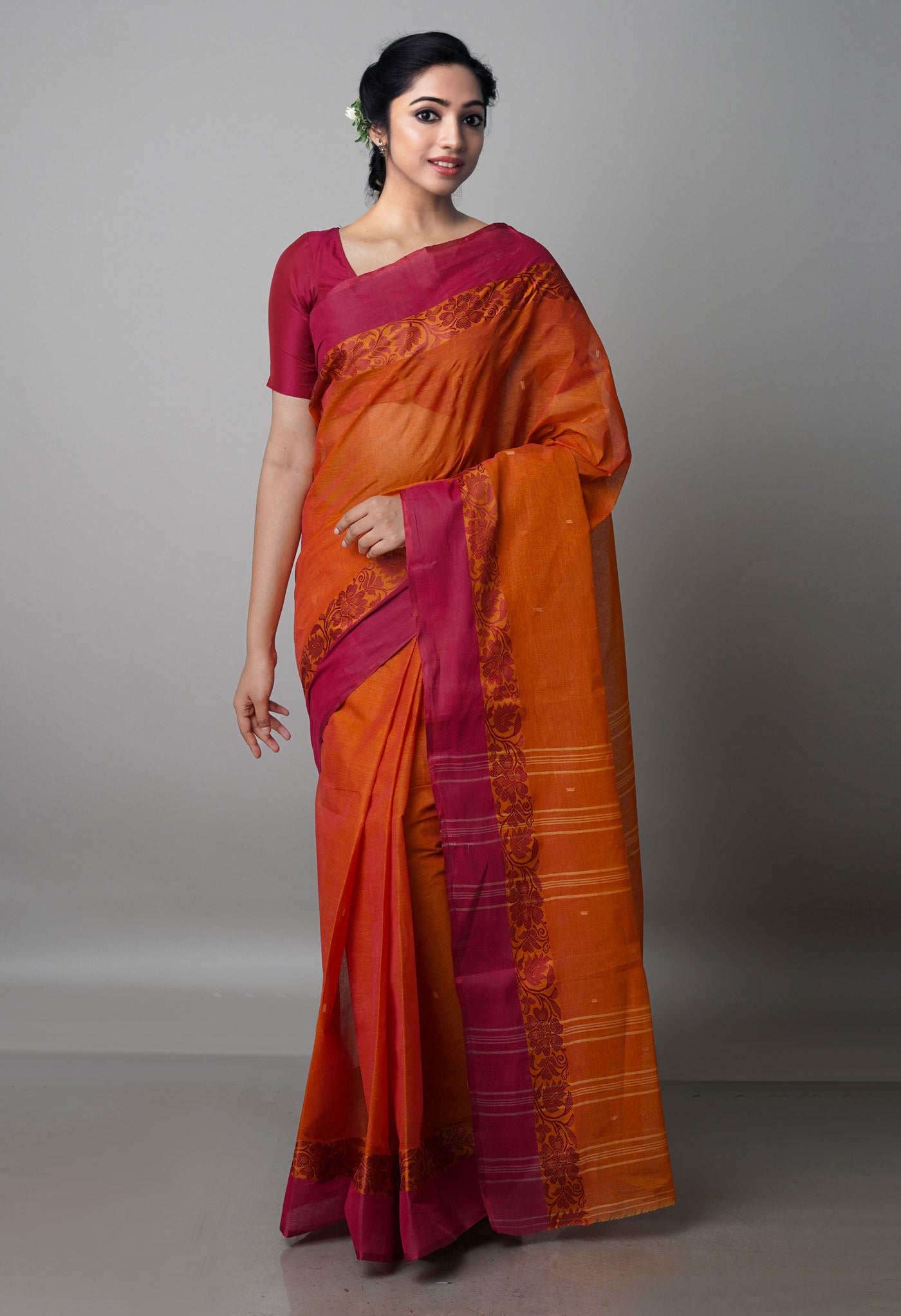 Rust Orange Pure  Handloom Superfine Bengal Cotton Saree-UNM69586