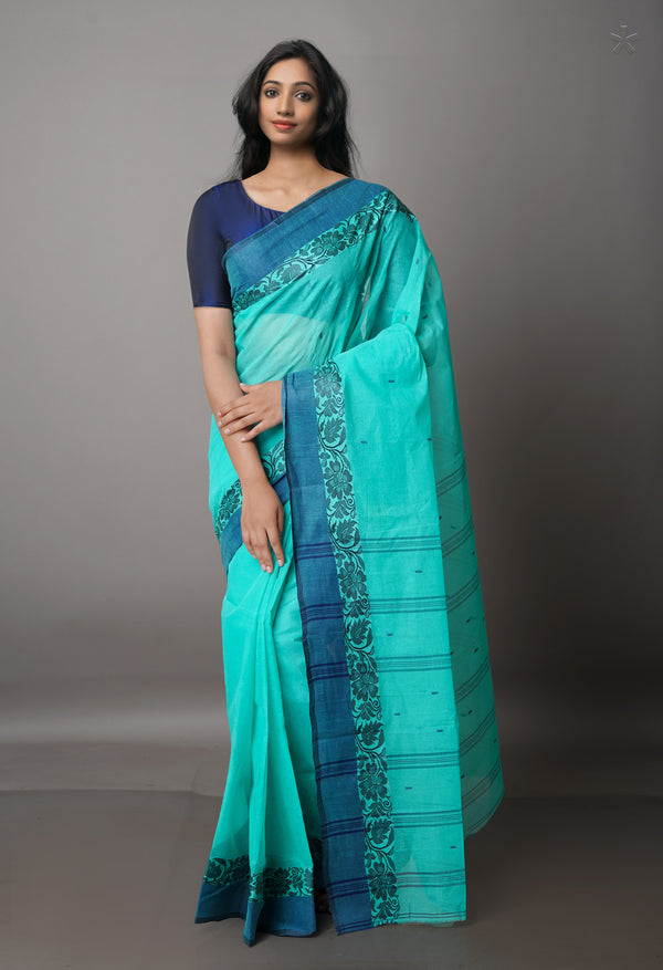 Turquoise Blue Pure  Handloom Superfine Bengal Cotton Saree-UNM69588
