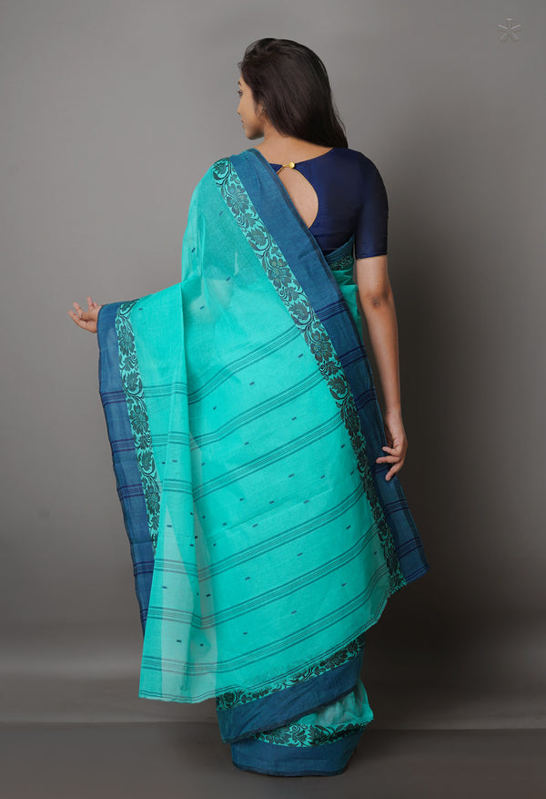 Turquoise Blue Pure  Handloom Superfine Bengal Cotton Saree-UNM69588