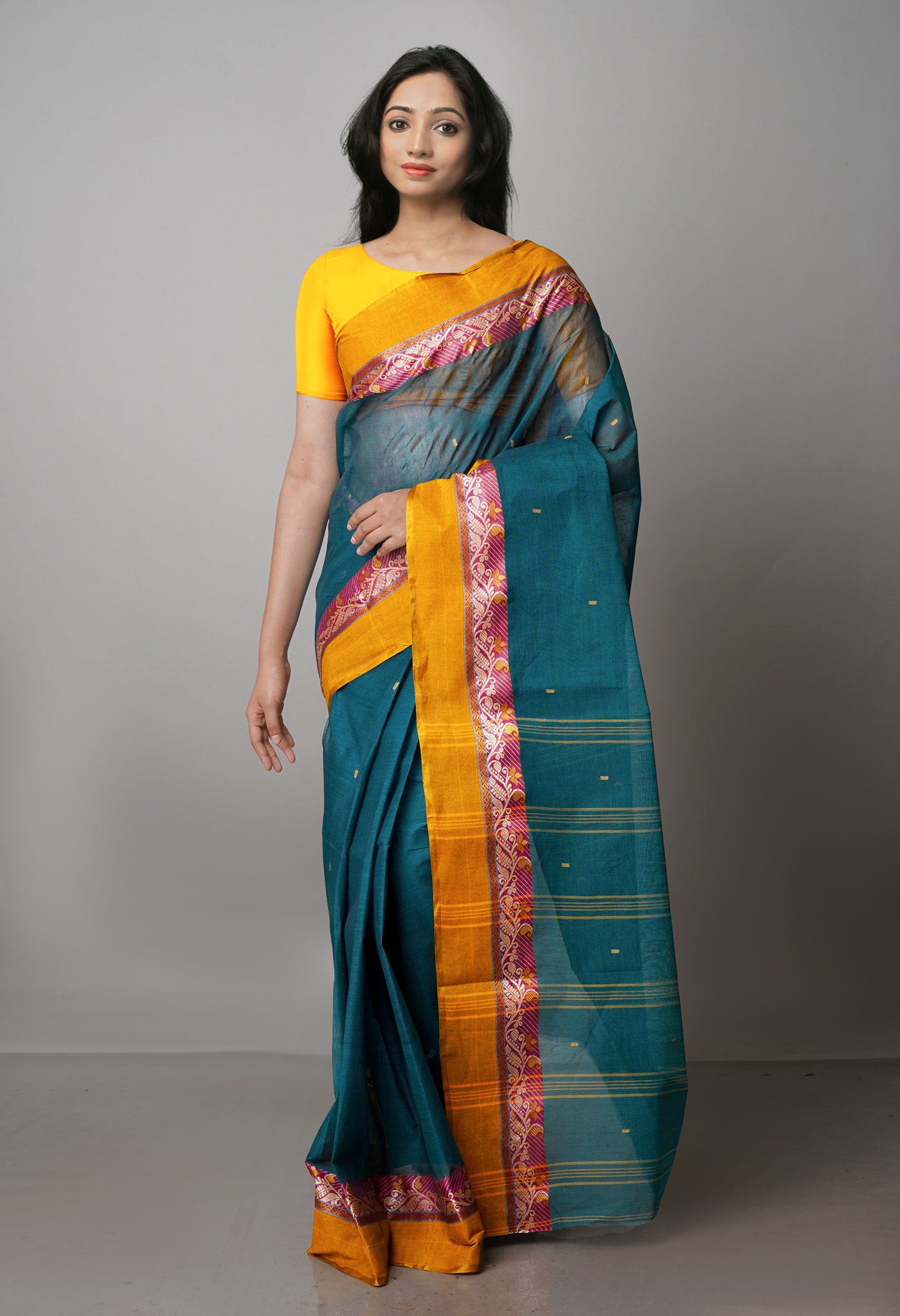 Peacock Blue Pure  Handloom Superfine Bengal Cotton Saree-UNM69589