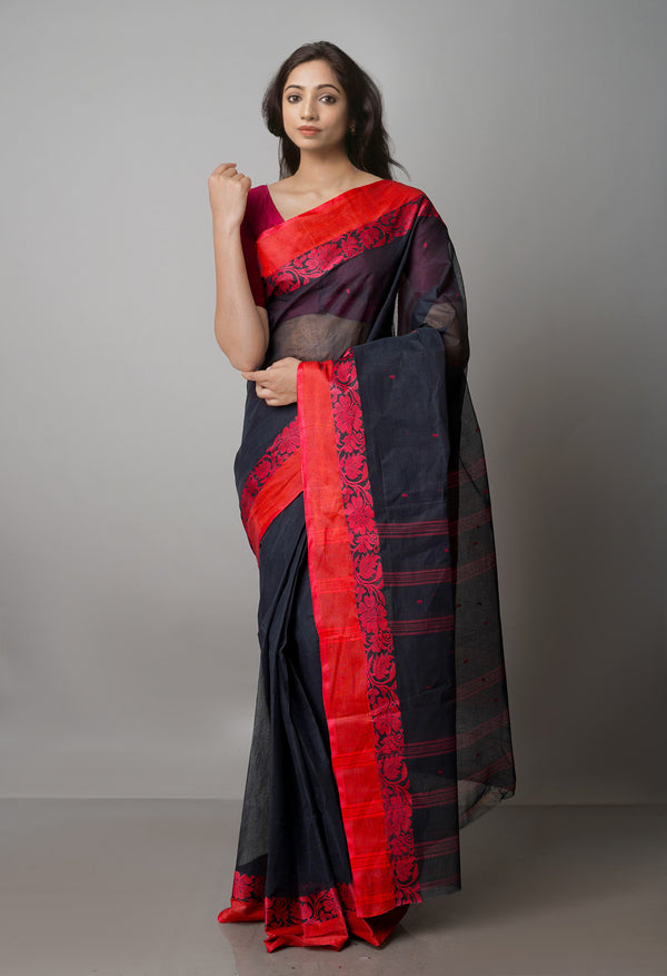 Black Pure  Handloom Superfine Bengal Cotton Saree-UNM69592