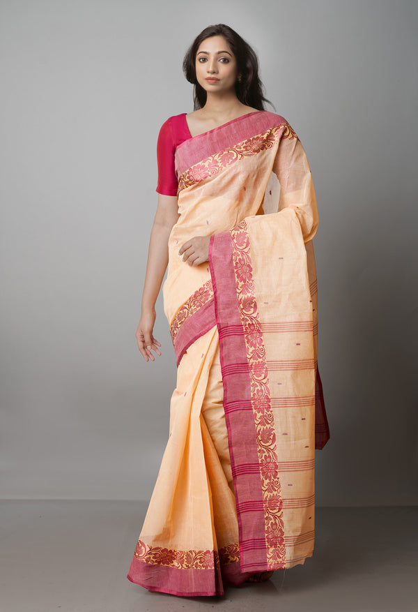 Pale Orange Pure  Handloom Superfine Bengal Cotton Saree-UNM69599
