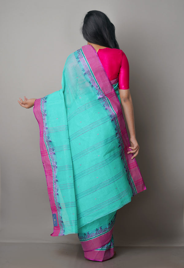 Turquoise Blue Pure  Handloom Superfine Bengal Cotton Saree-UNM69600