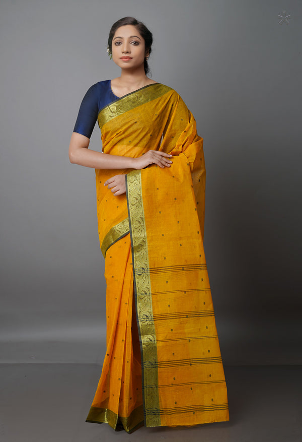 Mustard Yellow Pure  Handloom Superfine Bengal Cotton Saree-UNM69605