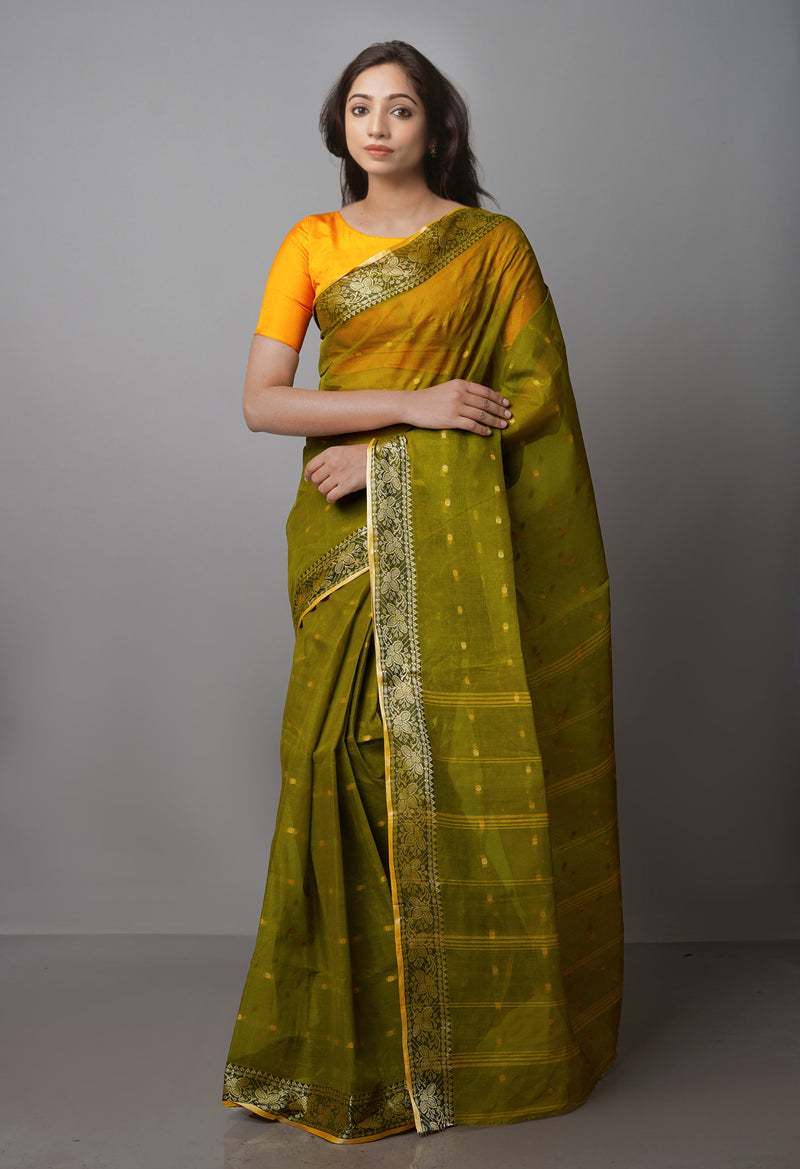 Olive Green Pure  Handloom Superfine Bengal Cotton Saree-UNM69609