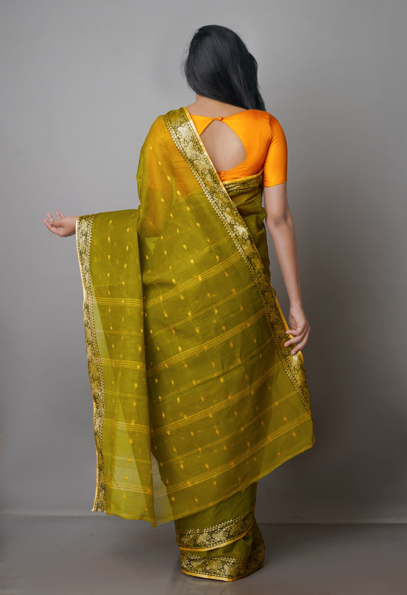 Olive Green Pure  Handloom Superfine Bengal Cotton Saree-UNM69609