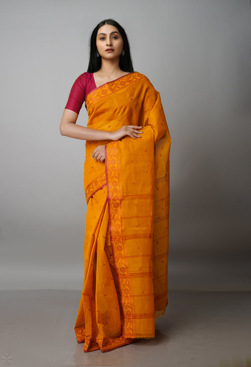 Turmeric Yellow Pure  Handloom Superfine Bengal Cotton Saree-UNM69614
