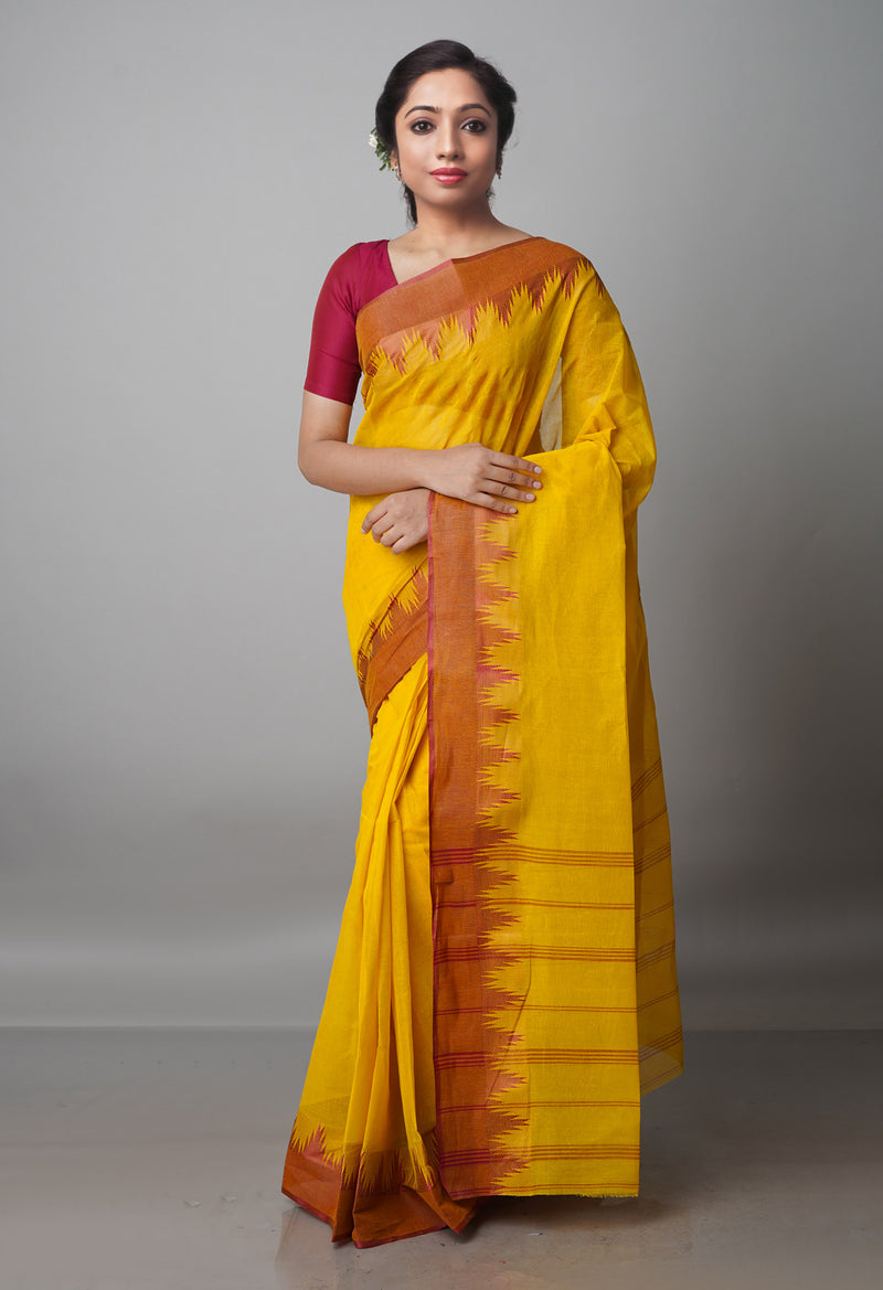 Turmeric Yellow Pure  Handloom Superfine Bengal Cotton Saree-UNM69633