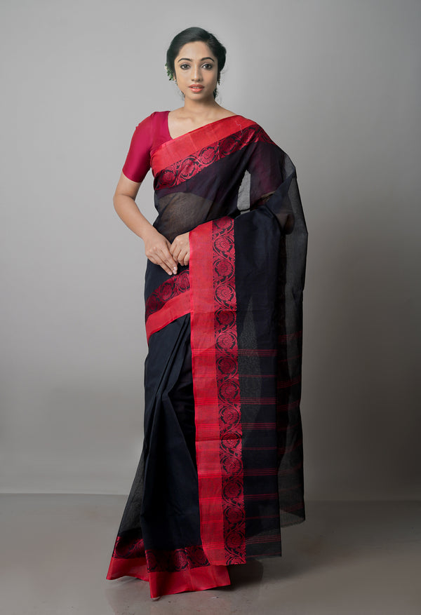 Black Pure  Handloom Superfine Bengal Cotton Saree-UNM69642