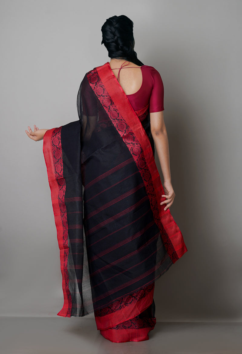 Black Pure  Handloom Superfine Bengal Cotton Saree-UNM69642