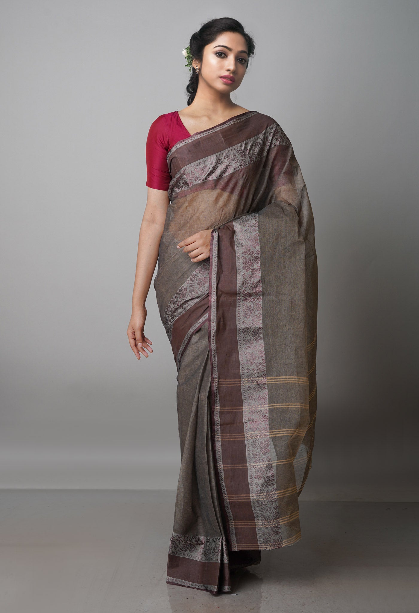 Brown Pure Handloom Superfine Bengal Cotton Saree