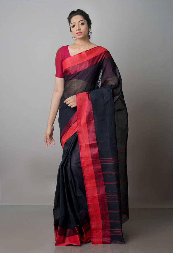 Black Pure  Handloom Superfine Bengal Cotton Saree-UNM69660