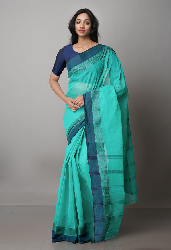 Turquoise Blue Pure  Handloom Superfine Bengal Cotton Saree-UNM69666