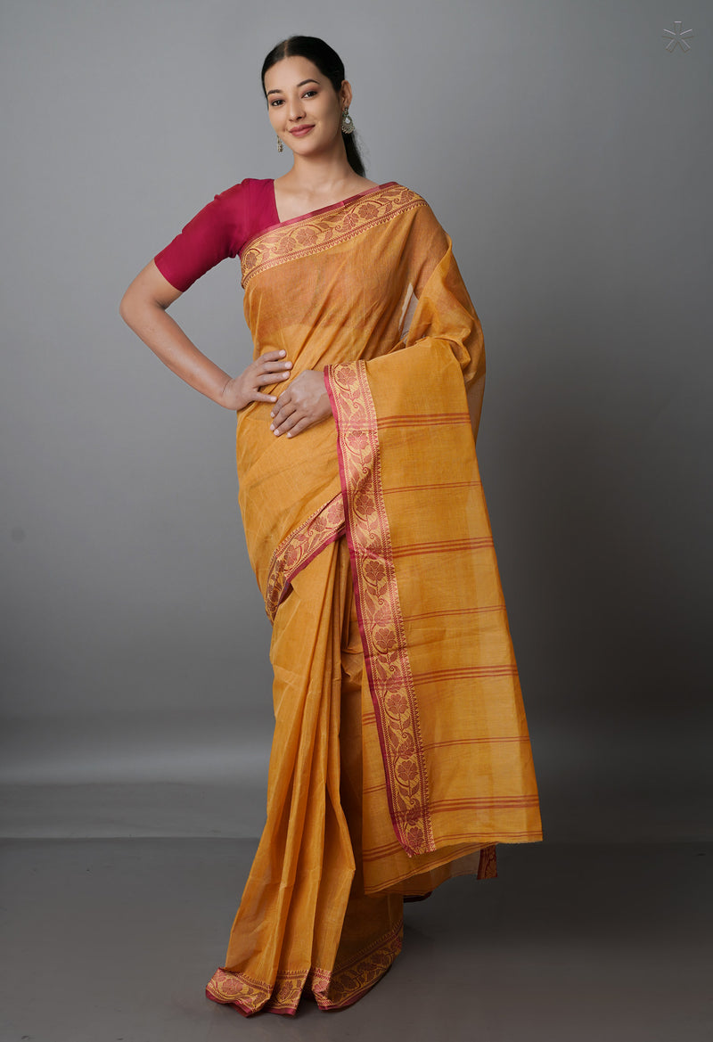 British Tan Brown Pure  Handloom Superfine Bengal Cotton Saree-UNM69672