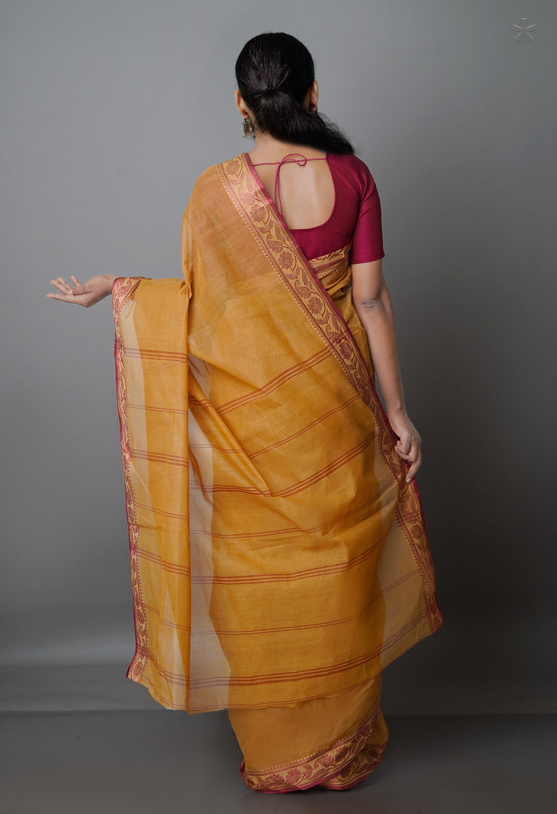 British Tan Brown Pure  Handloom Superfine Bengal Cotton Saree-UNM69672