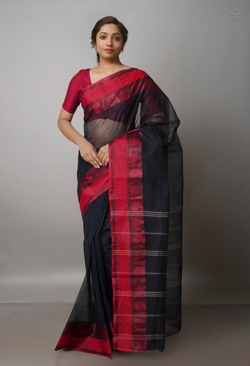 Black Pure  Handloom Superfine Bengal Cotton Saree-UNM69710