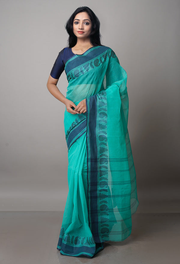 Turquoise Blue Pure  Handloom Superfine Bengal Cotton Saree-UNM69713