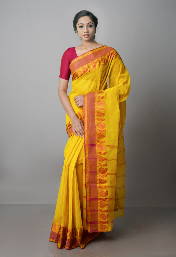 Turmeric Yellow Pure  Handloom Superfine Bengal Cotton Saree-UNM69720