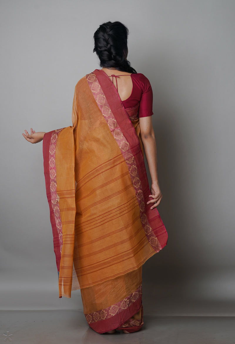 British Tan Brown Pure  Handloom Superfine Bengal Cotton Saree-UNM69734