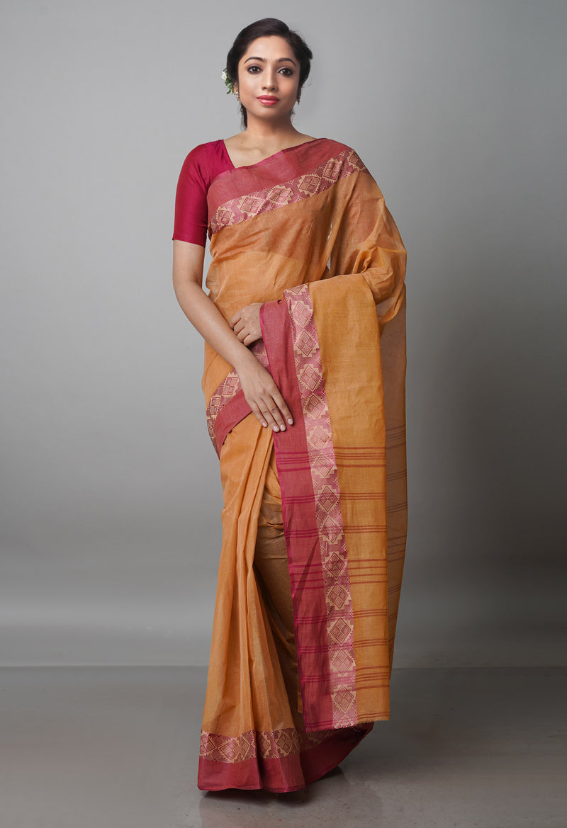 British Tan Brown Pure  Handloom Superfine Bengal Cotton Saree-UNM69734