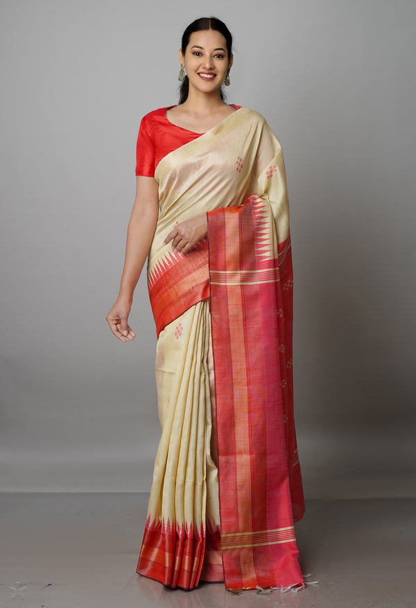 Cream  Dupion  Silk Saree-UNM69758
