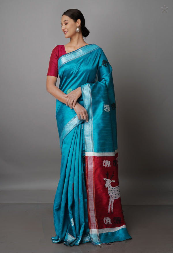 Peacock Blue  Dupion  Silk Saree-UNM69777