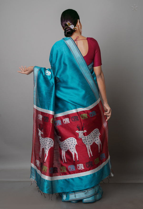 Peacock Blue  Dupion  Silk Saree-UNM69777