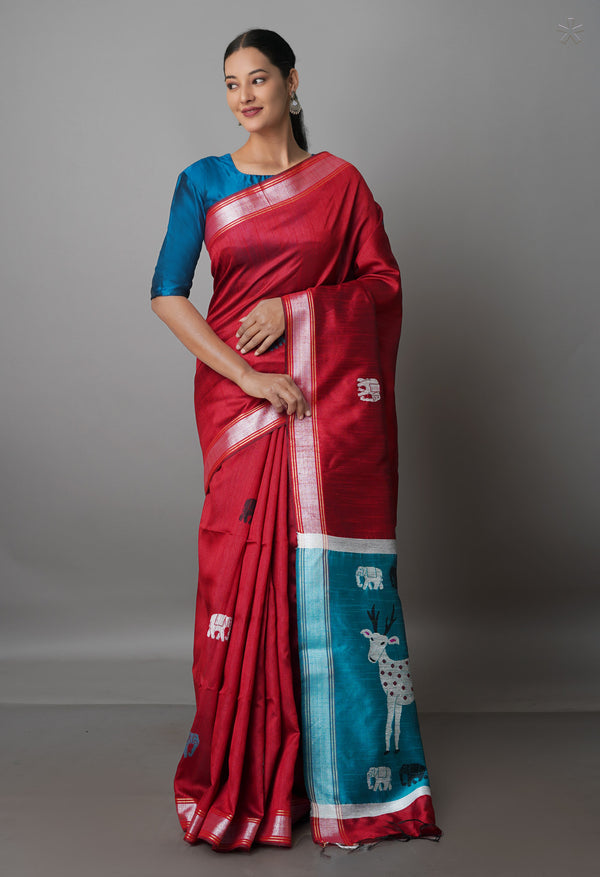 Maroon  Dupion  Silk Saree-UNM69779