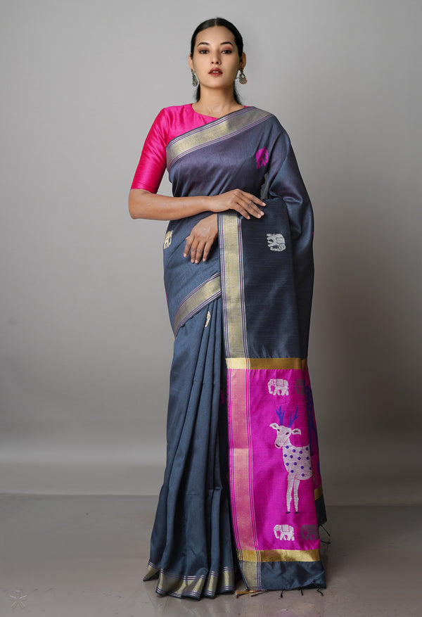 Grey  Dupion  Silk Saree-UNM69781