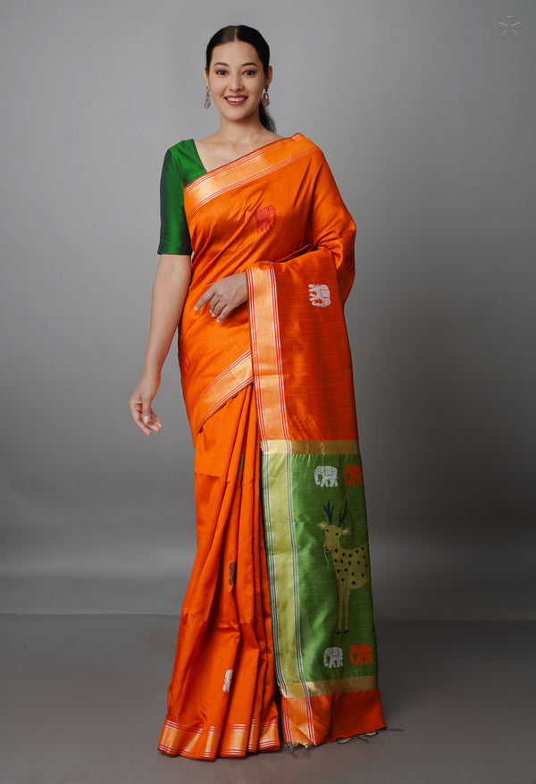 Squash Orange  Dupion  Silk Saree-UNM69785