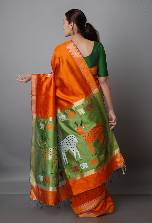 Squash Orange  Dupion  Silk Saree-UNM69785