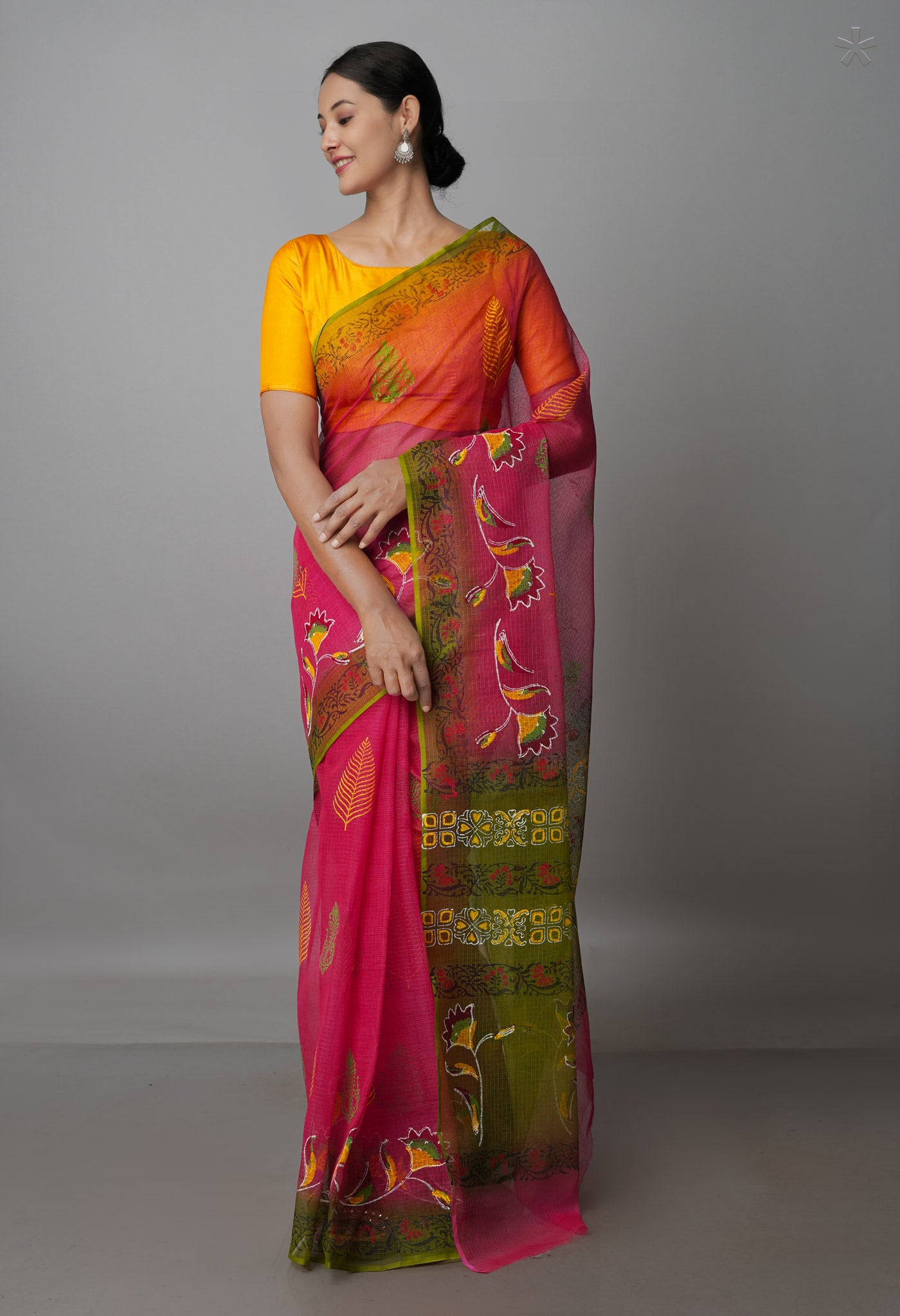 Pink Pure  Block Printed Kota Cotton Saree With Kalamkari Blouse Piece-UNM69843