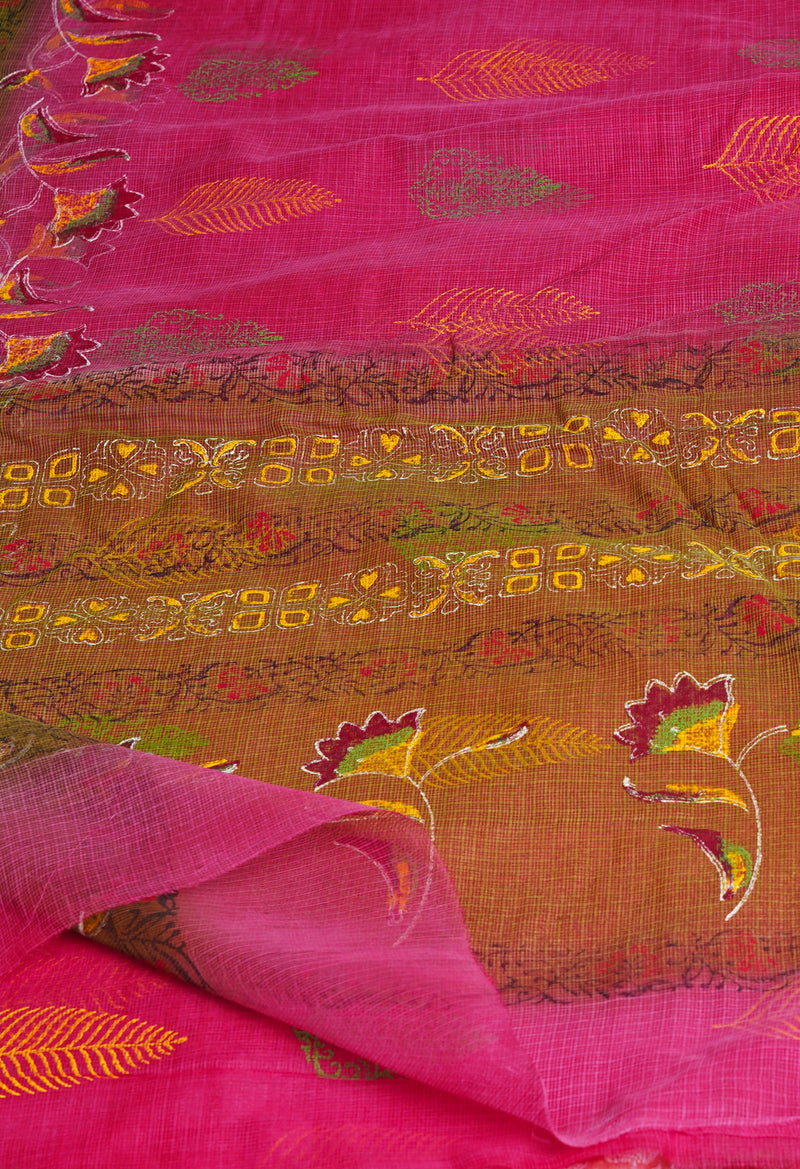 Pink Pure  Block Printed Kota Cotton Saree With Kalamkari Blouse Piece-UNM69843