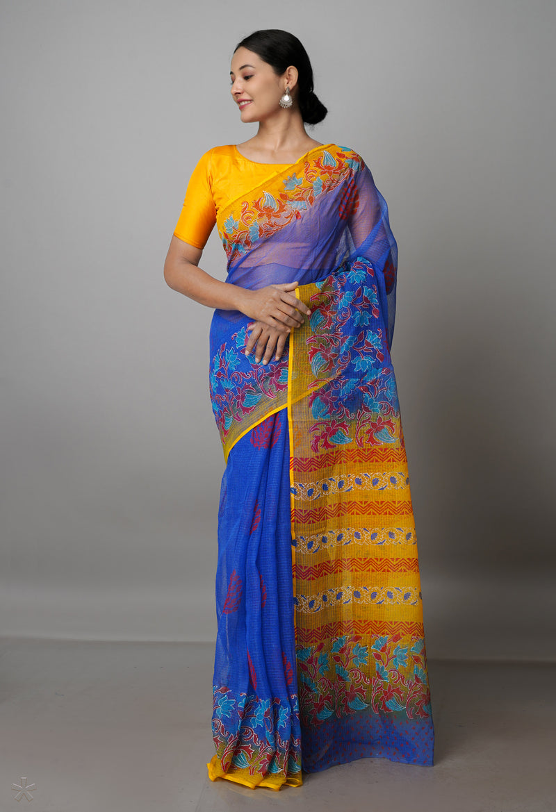 Dark Blue Pure  Block Printed Kota Cotton Saree With Kalamkari Blouse Piece-UNM69844