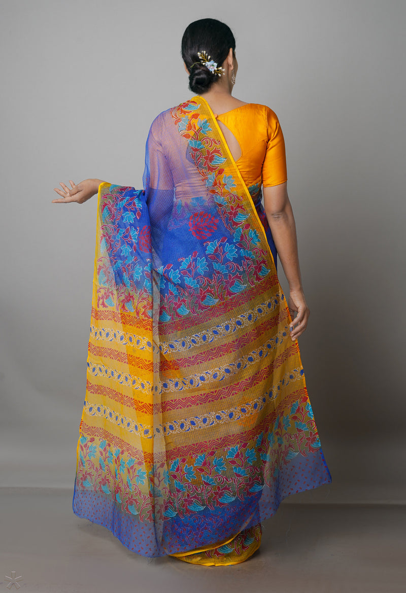 Dark Blue Pure  Block Printed Kota Cotton Saree With Kalamkari Blouse Piece-UNM69844