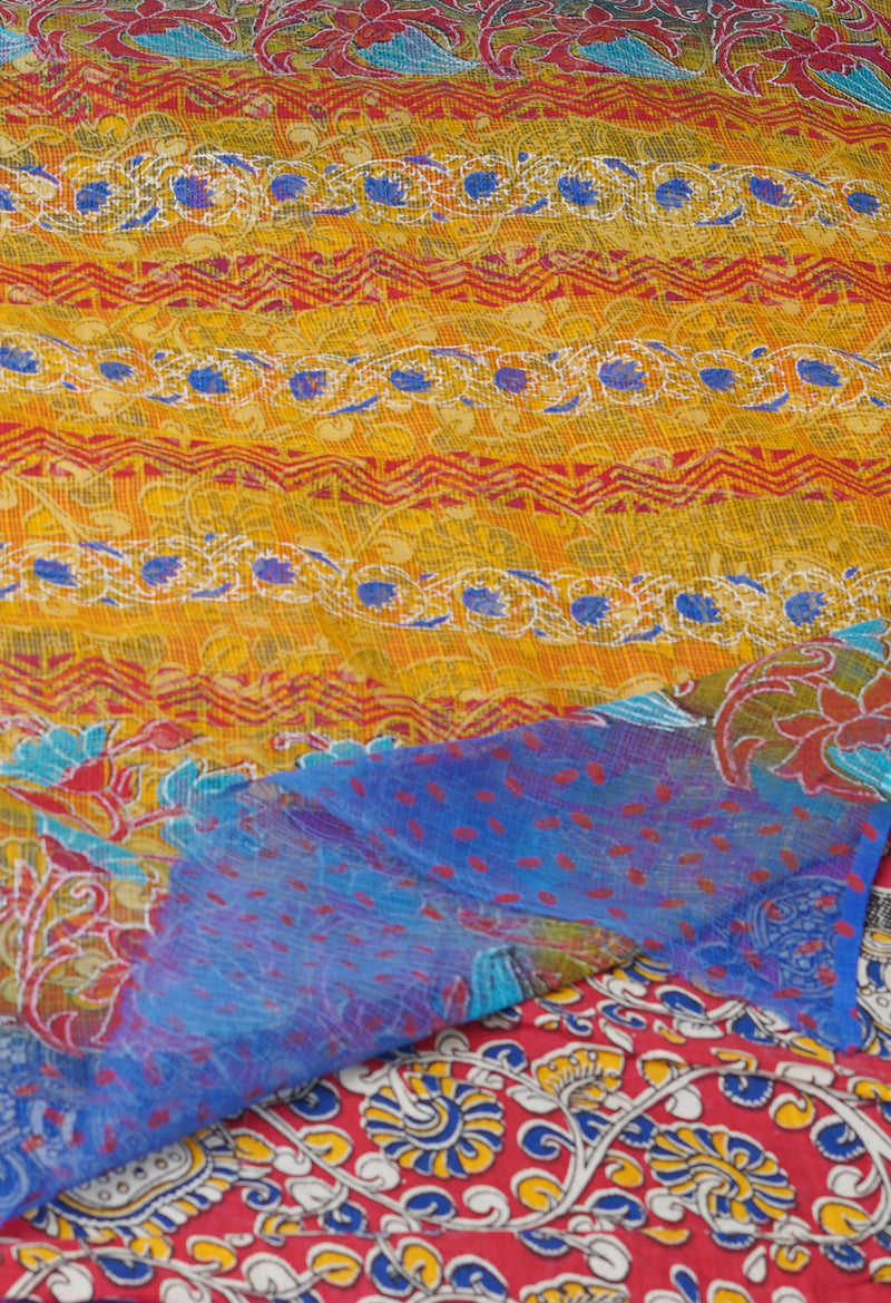 Dark Blue Pure  Block Printed Kota Cotton Saree With Kalamkari Blouse Piece-UNM69844