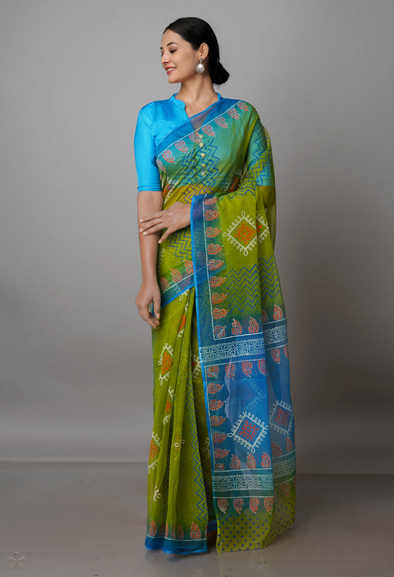 Green Pure  Block Printed Kota Cotton Saree With Kalamkari Blouse Piece-UNM69845