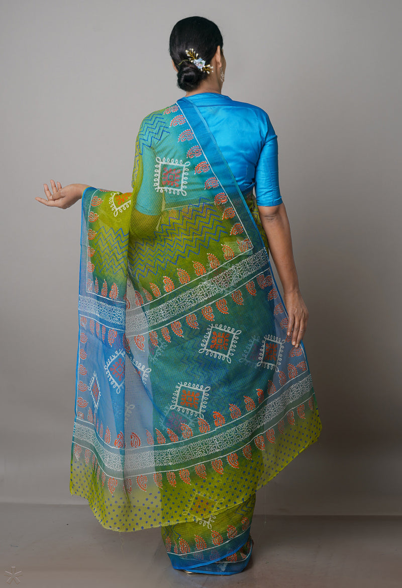 Green Pure  Block Printed Kota Cotton Saree With Kalamkari Blouse Piece-UNM69845